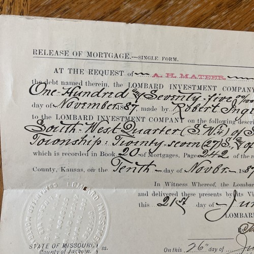 1895 Release of Mortgage Kiowa Kansas Document - Picture 5 of 11