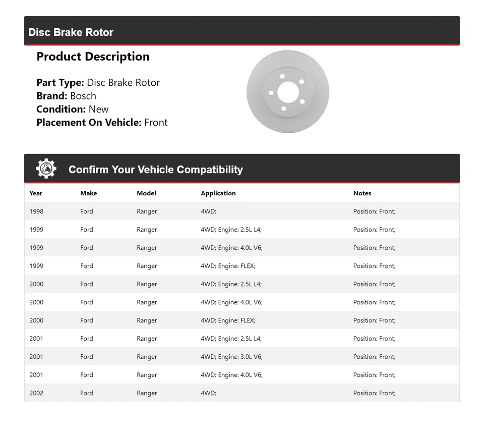 For 1998-2002 Ford Ranger 4WD Bosch QuietCast Disc Brake Rotor Front 1999 2000 - Изображение 2 из 4