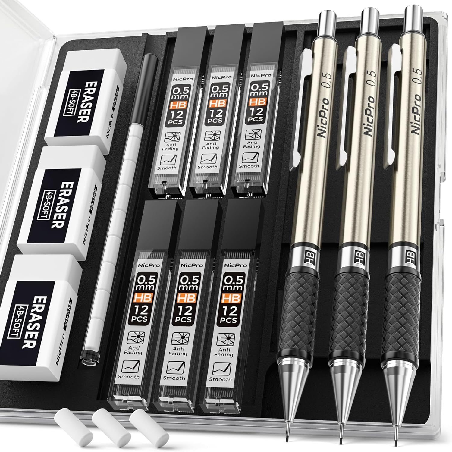 Nicpro 0.5 Mm Art Mechanical Pencil Set in Storage Case, 3 PCS Metal Drafting