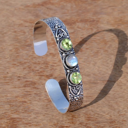 Faceted Peridot & Labradorite Gemstone 925 Sterling Silver Bracelet Best Friend - Picture 4 of 7
