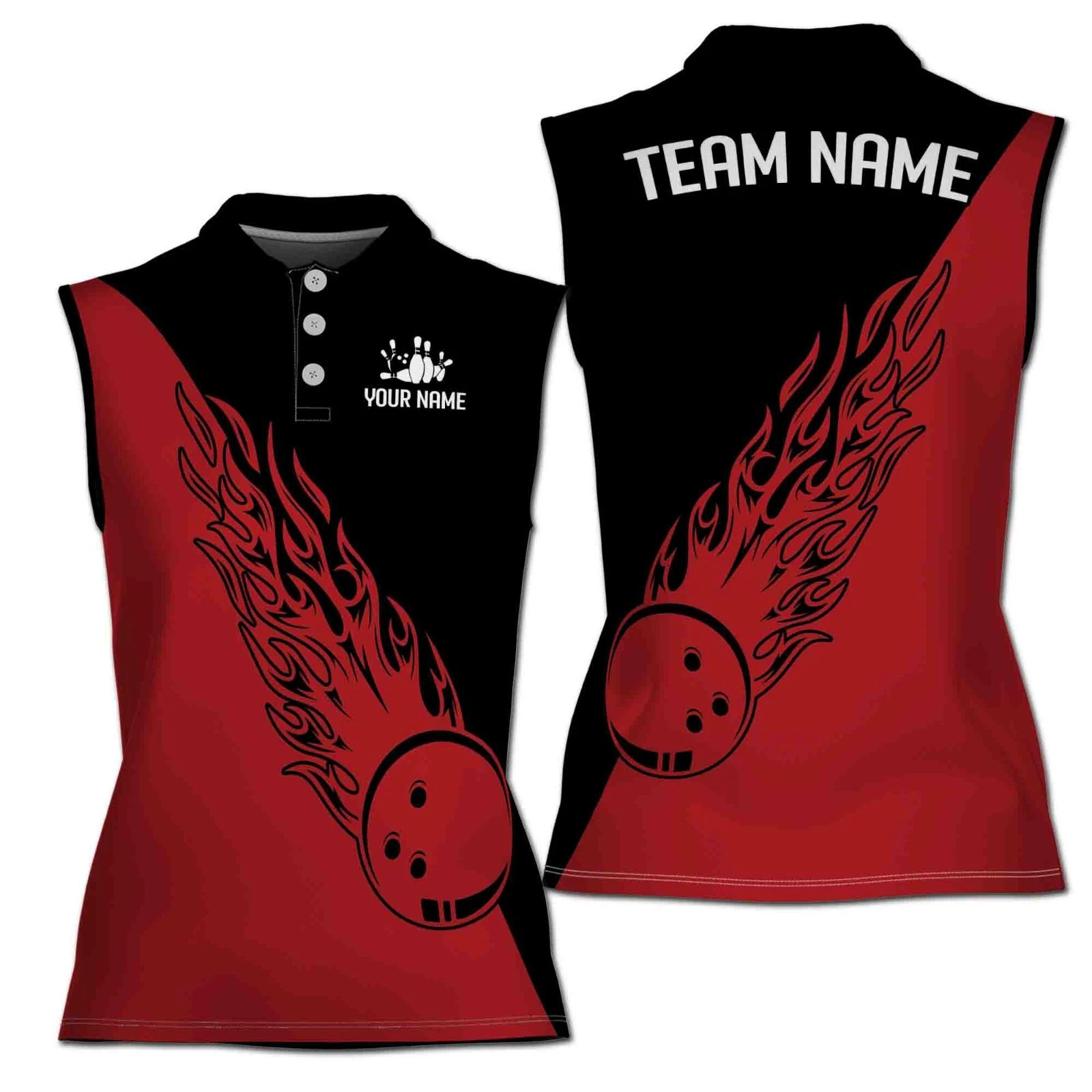 Personalized Black and Red Bowling Flame Pattern Grunge Women Sleeveless Polo