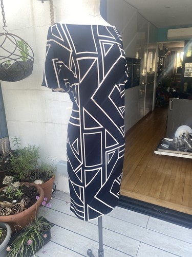 90S SMALL RALPH LAUREN DESIGNER STRETCH SILKY JERSEY DRESS MONOCHROME GEOMETRIC - Picture 14 of 20