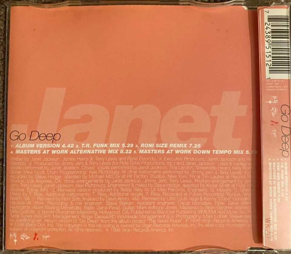 JANET JACKSON - Go Deep [CD Single, 1998, Virgin] Rare UK Import (5 Remixes) - Image 2 of 3