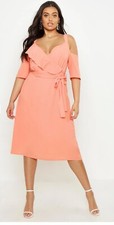BNWT BOOHOO SIZE 18 CORAL PINK RUFFLE DETAIL MIDI DRESS NEW CURVE  HOLIDAY