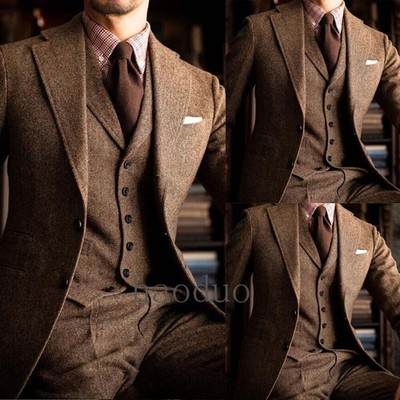 Tweed Vintage Herren Anzüge 3-teilig Slim Fit Wollmischung Business Arbeitskleidung Smoking