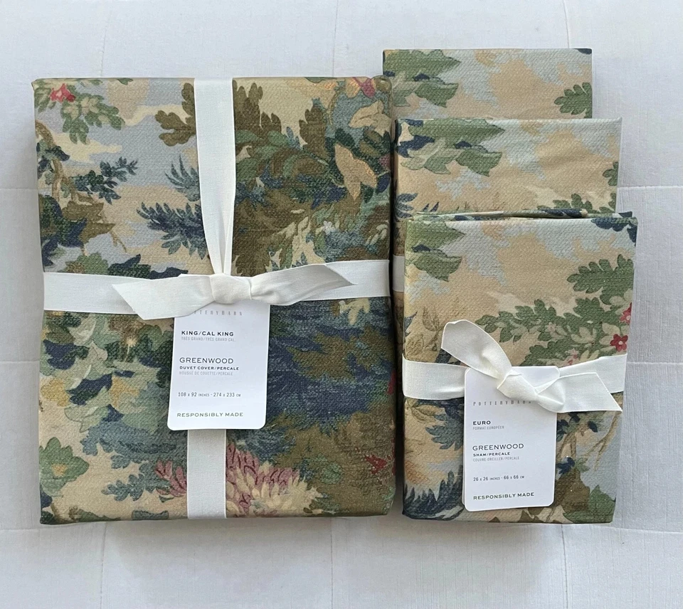 Edredom Pottery Barn GREENWOOD Percale King/Cal King e 3 Euro Shams multicolorido novo com etiquetas - Imagem 3 de 3