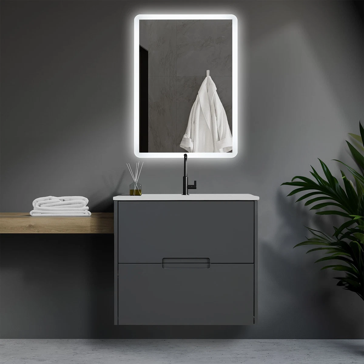 Badmöbel Set Waschbecken 60 cm Unterschrank Grau Spiegel Waschtisch Homestyle4u