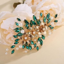 Green Crystal Hair Clip with Gold Flower for Wedding Brides Bridesmaid Pearl ...