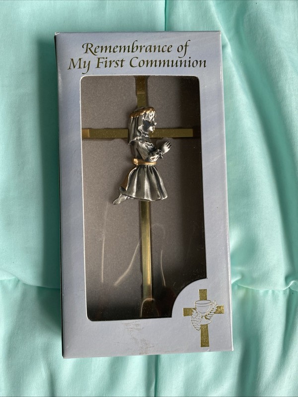 Malco VTG Girl First Communion Remembrance Girls Brass Pewter Cross Gift NIB