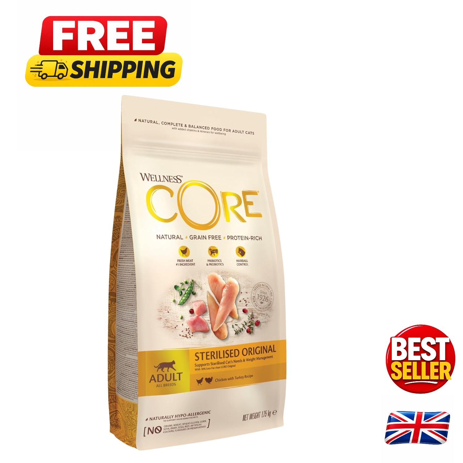 Protein-Rich 1.75 kg Cat Food for Sterilized Cats - Grain-Free Chicken & Turkey