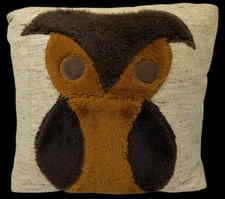 Vintage MCM Owl Throw Pilllow Tweed Burlap Fuzzy Brown Beige 13x13" 1960s 1970s