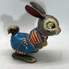 Vintage Windup Hopping Bunny Made In Japan Blue /Red Outfit Carrot Tin