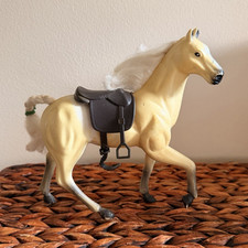 Plastic Model Horse Figurine with Saddle, Cream Color, Braided Tail