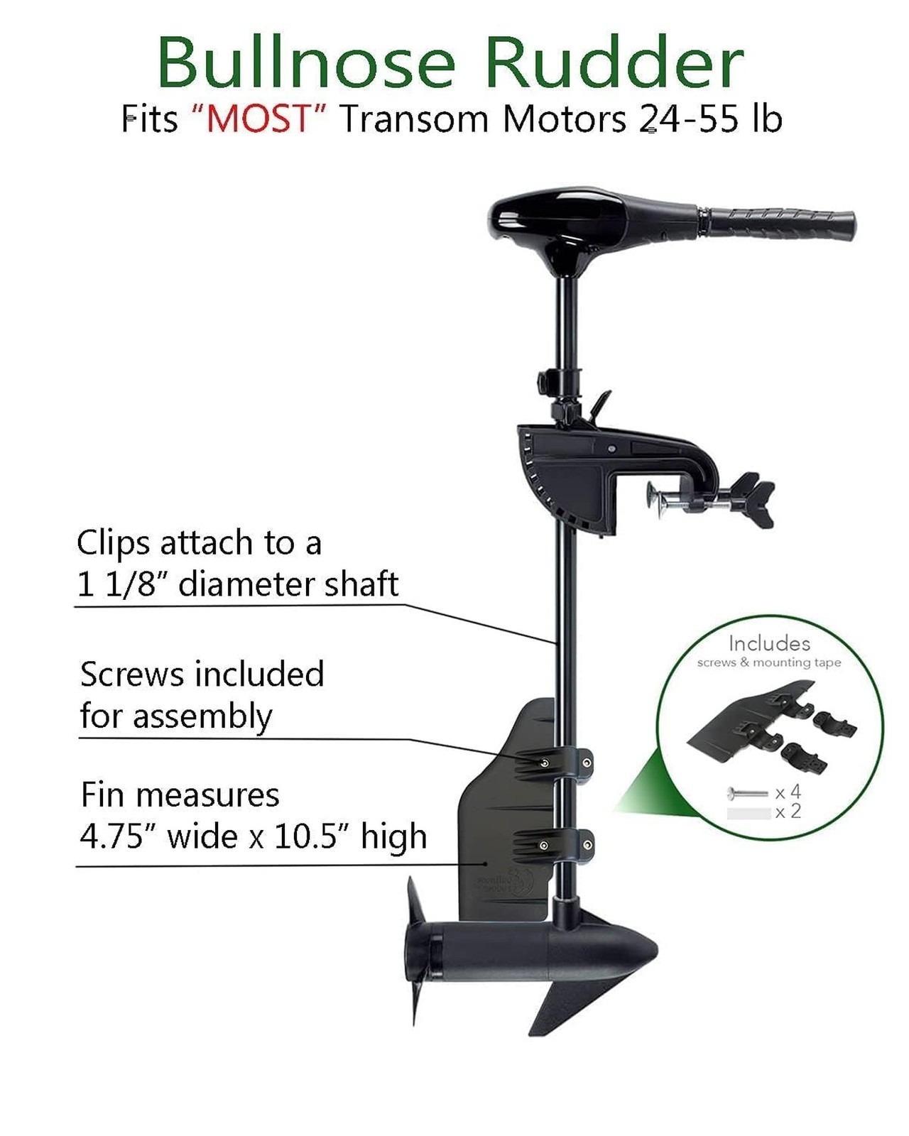 Bullnose Rudder clamp on boat rudder fits a 1.125" transom trolling motor sha...