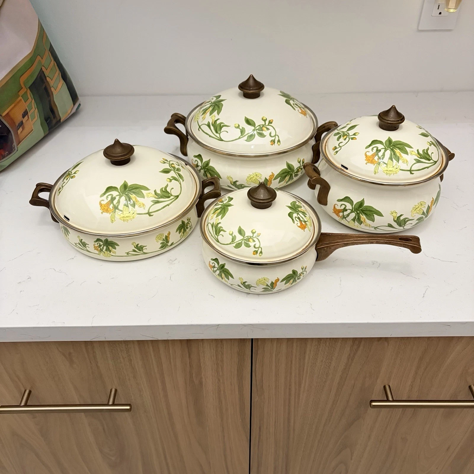 Vintage ASTA Enamelware Cookware & Lid 8 Pc Set Floral Honeysuckle Pot Pan Dutch