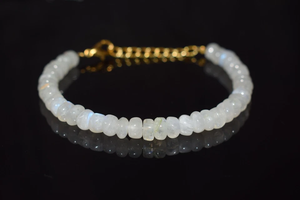 Natural Flashy Moonstone Smooth Rondelle Gemstone Beads 6-8" Handmade Bracelet - Image 4 of 4