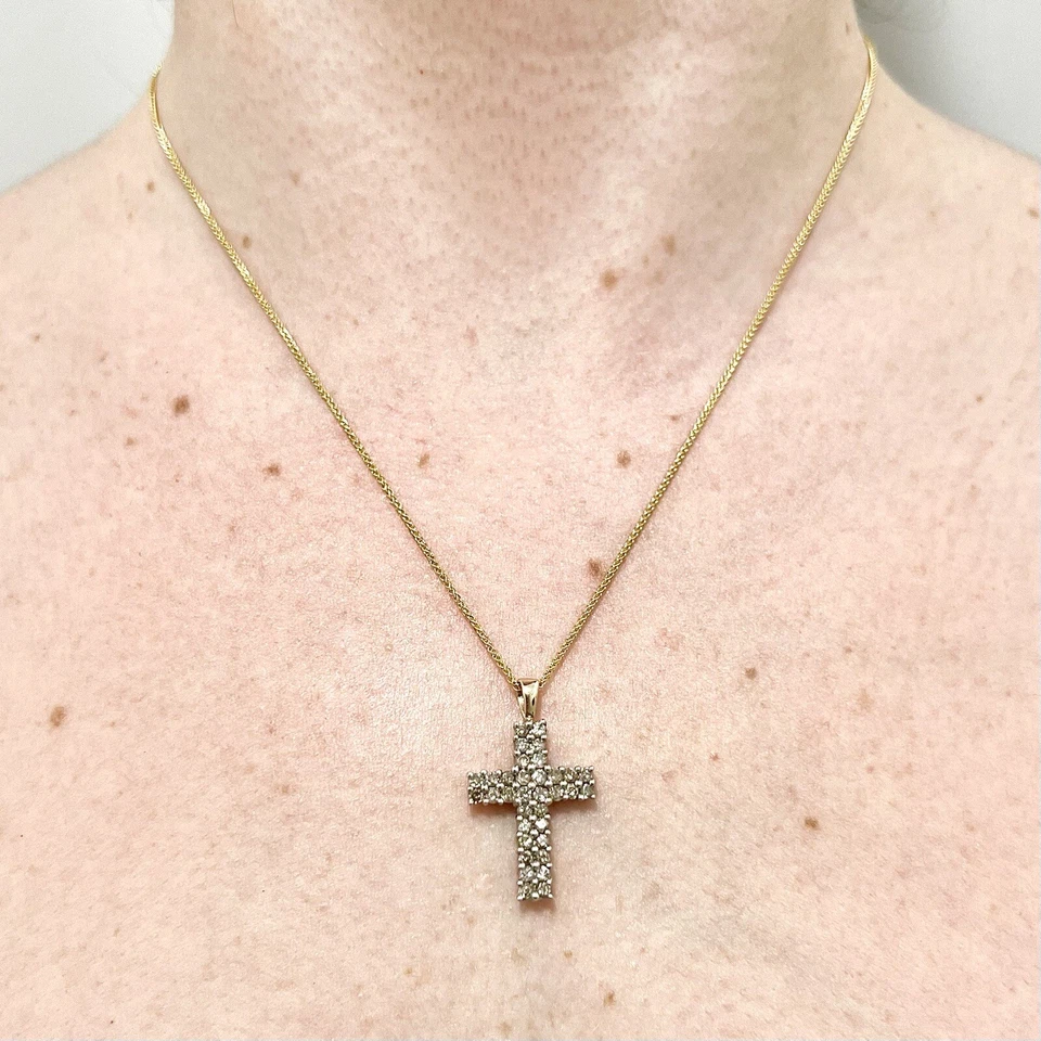 3/4 карата винтажный 10K бриллиант крест подвеска - 10K двухцветное золото крест ожерелье - Изображение 2 из 4