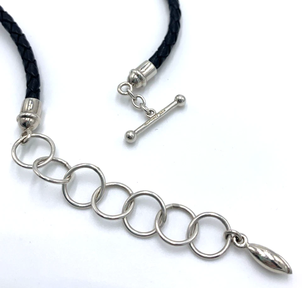 全新无标签 Michael Dawkins 纯银项链 皮革绳链 可调节 — 第 4/4 张图片