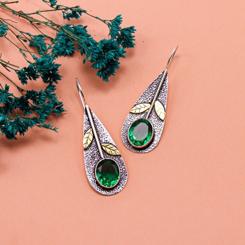 Green Emerald Drop/Dangle Earrings Handcrafted Yellow Gold Gift Jewelry 2"