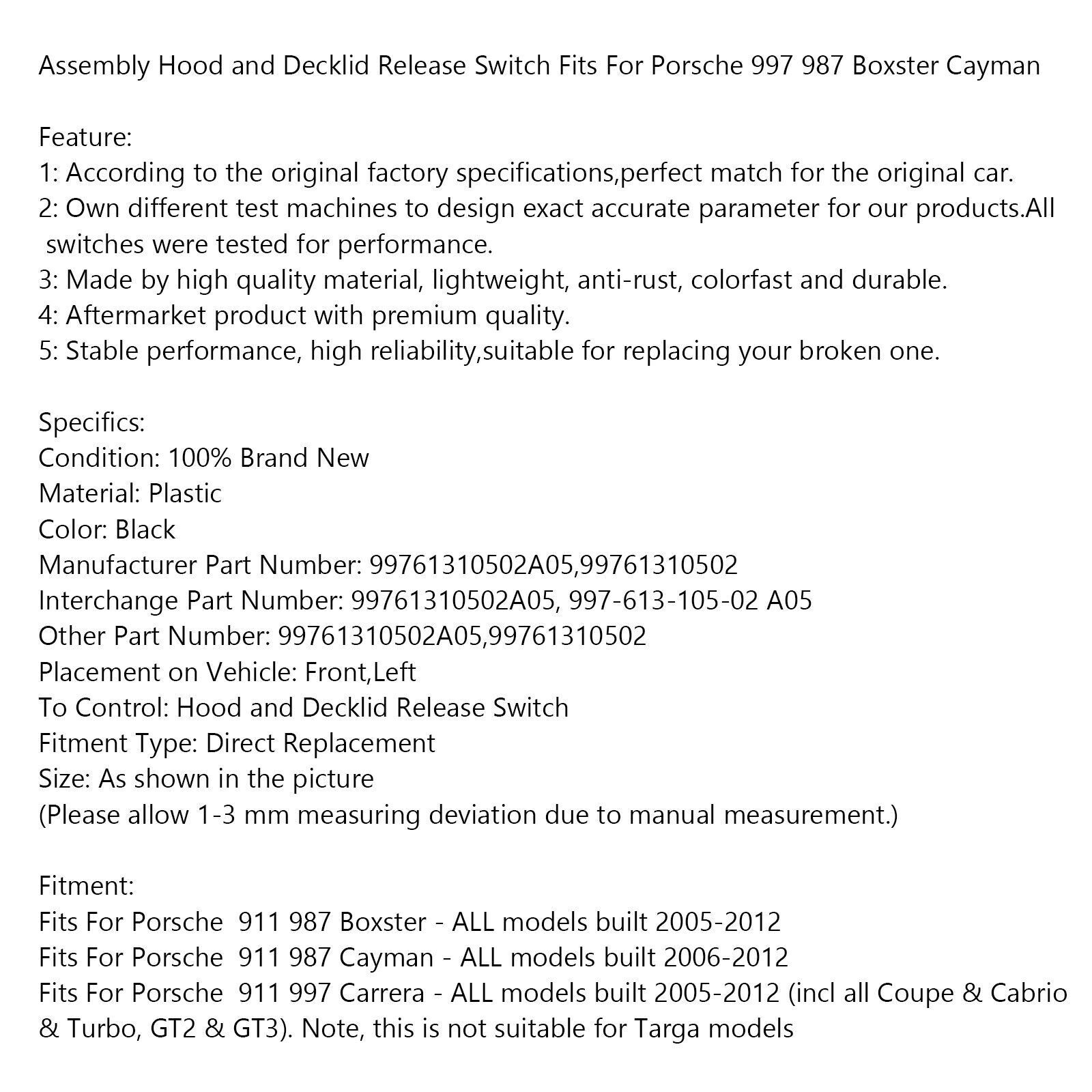 Porsche Hood Release Switch Hood/Trunk Release Switch For Porsche - Foto 6