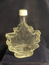 Maple Leaf Shape Clear Glass Syrup Bottle w/Top Cap Lid Front Embossed Jar Empty