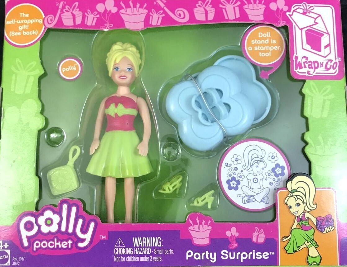 polly pocket green dress Party Surprise Wrap N Go Gift Pack Polly Doll & Stamper Mattel 2005 HemLength:Midi