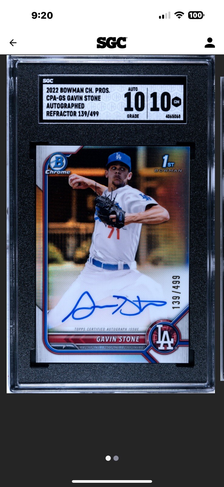 2022 BOWMAN CHROME GAVIN STONE 1ST SGC10/10 REFRACTOR AUTO /499 DODGERS MM