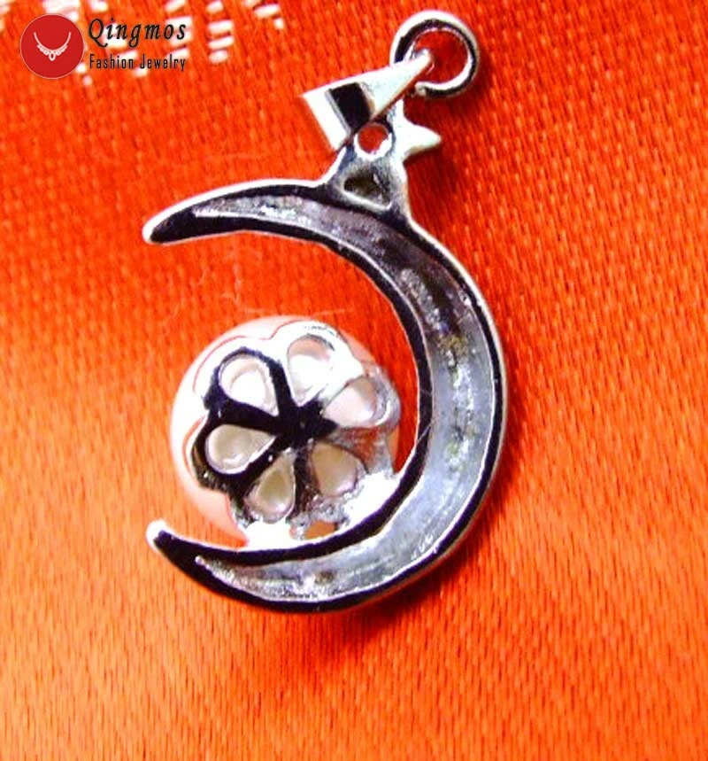 18mm Moon Pendant Necklace for Women 9-10mm Round White Pearl 17" Chain Chokers - Image 4 of 4