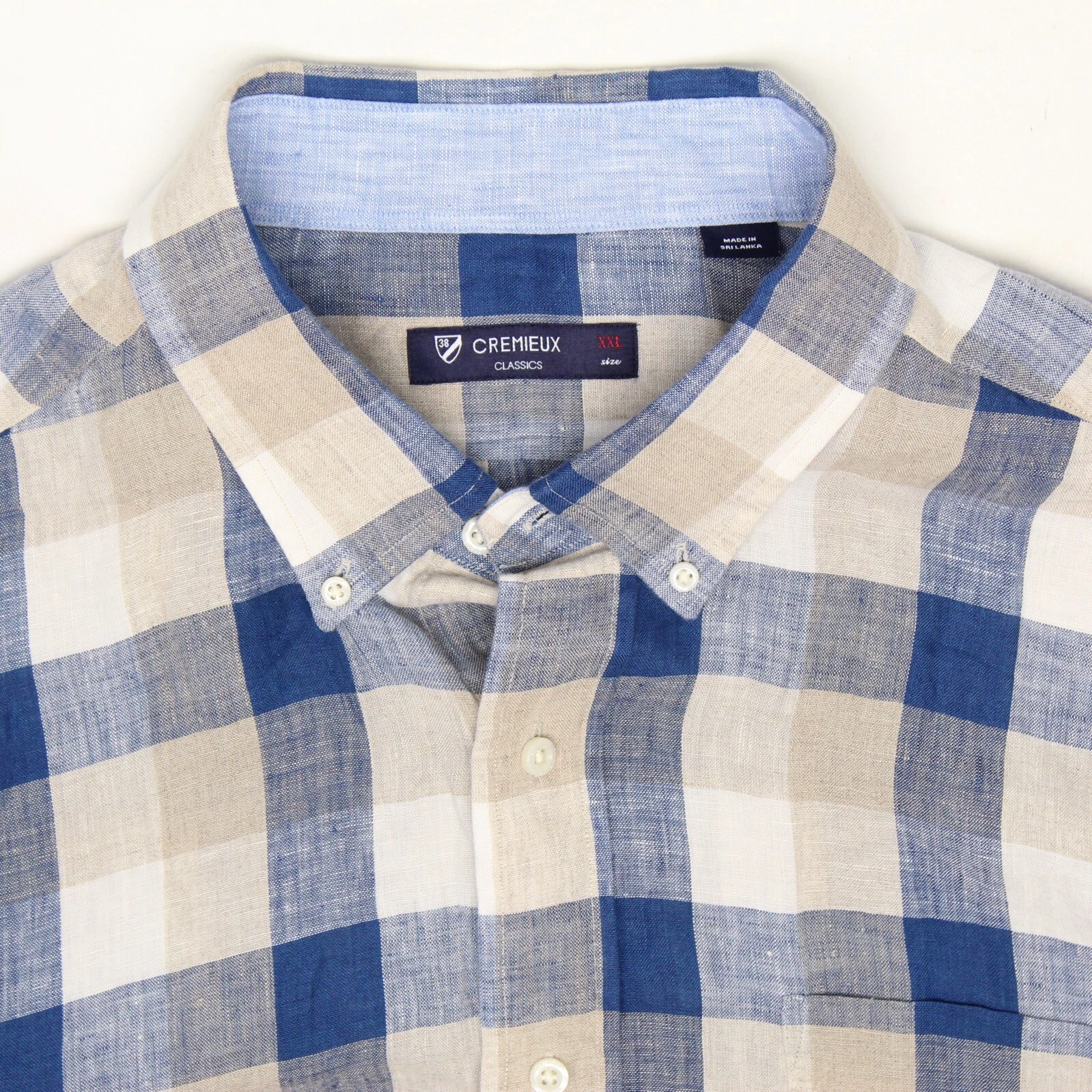 Daniel Cremieux Shirt Mens XXL Beige Blue Plaid Linen Button Down Collar S/S