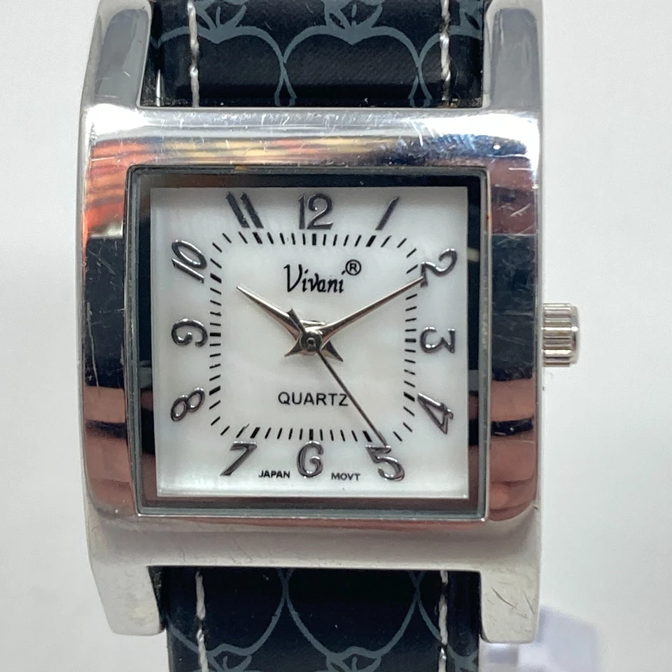 Vivani Watch Women 25mm Silver Tone MOP Dial Black Heart Band New Battery 8" - Image 3 of 4