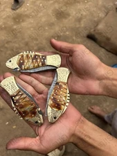 lot of 3 Golden Fish Engraved Folding Knife Damascus Steel Blade pocket Knife