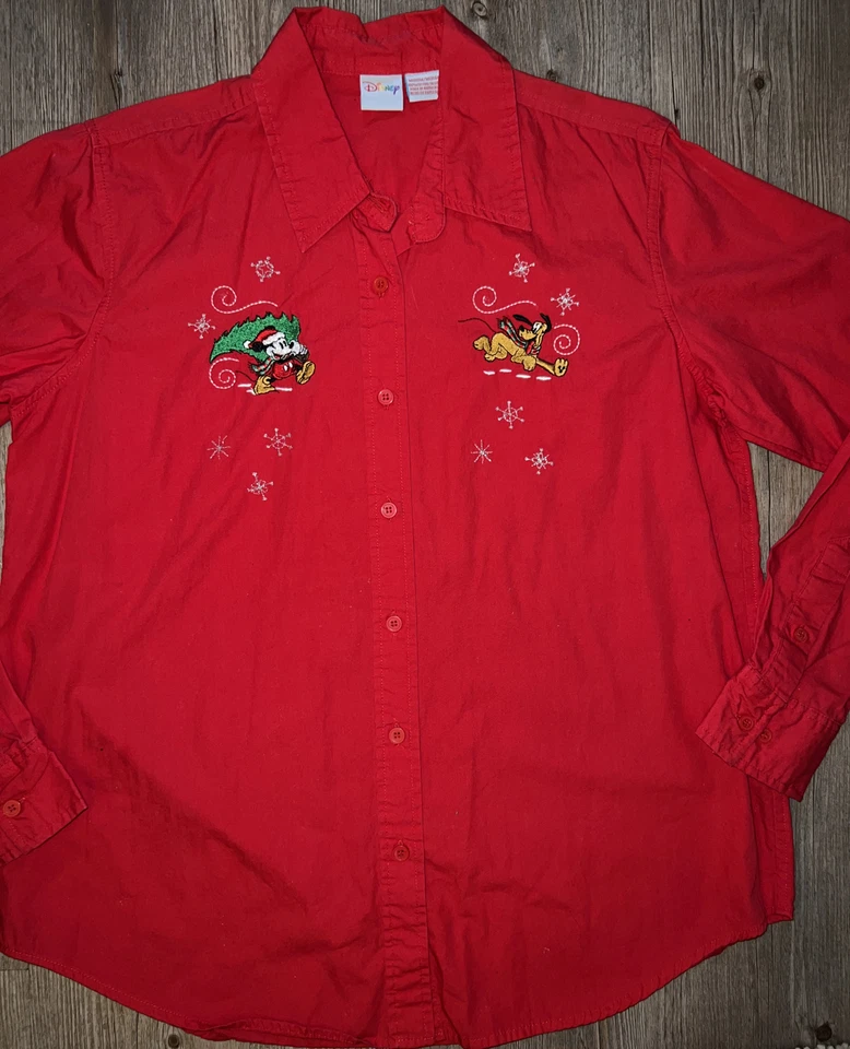 Camisa De Colección Disney Mickey Pluto Navidad Roja Manga Larga Botón Mujer Talla M Foto 2 de 4