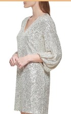 Eliza J Silver Cocktail Party Dress Sequined Long Sleeve V-Neck Sheath Size 8