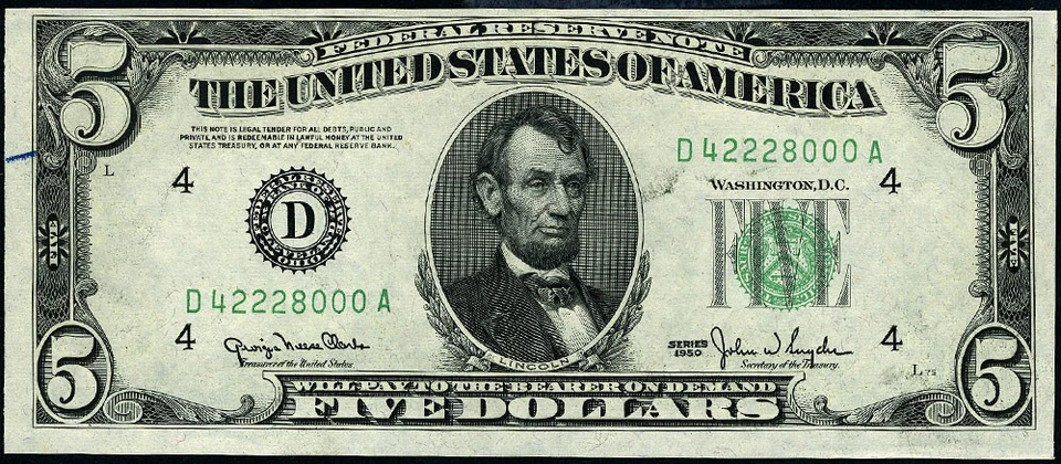 FR. 1961 D $5 1950 Federal Reserve Note Cleveland D-A Block CU+ - Pair of Triple - Image 2 of 3