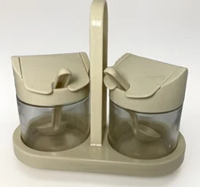 Vintage 70's Gemco Jelly/Jam Jars Flip Lids Caddy Spoon Almond Tan Corelle