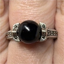 Sterling Silver 925 Ring with Round Black Onyx Prong Set Band Size 9