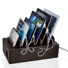 Multi Device Charging Station Wood - Desktop Organizer with Holder for Multip...