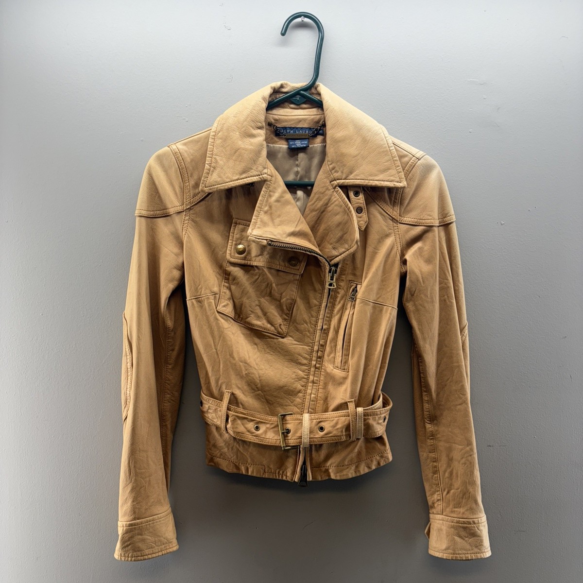 90s Ralph Lauren Leather Jacket XXL クリーム Vintage RALPH LAUREN Lambskin Leather Jacket 90s Tan Camel Belted