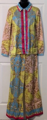 Endless Moon 2 Piece Satin Feel Baroque Print Wide Leg Pants Set Pockets S
