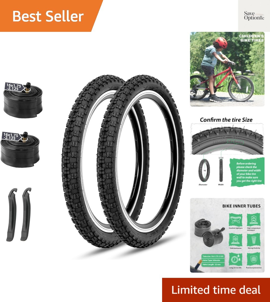 Durable 16 Inch Folding Kids Bike Tires with Inner Tubes - 2 Tires + Levers