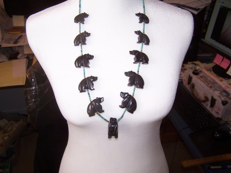 FOR PARTS - Native American Zuni Turquoise Heishe Obsidian Bear Fetish Necklace