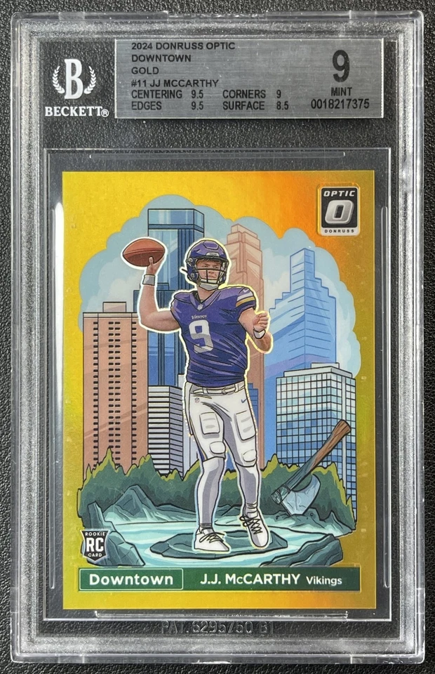 J.J. JJ MCCARTHY BGS 9 2024 DONRUSS OPTIC #11 DOWNTOWN! GOLD PRIZM ROOKIE RC /10