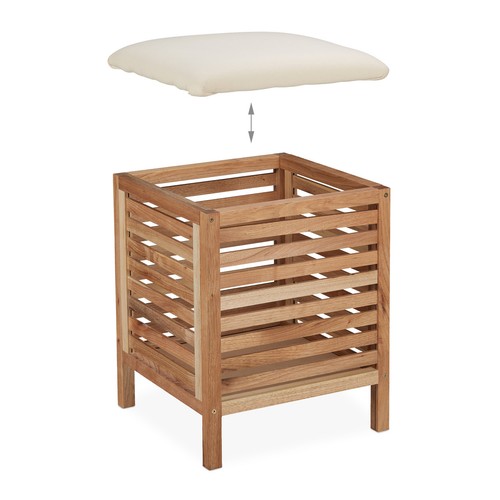 Wäschekorb Wäschetruhe mit Sitz Wäschehocker aus Holz Badezimmer Hocker - Bild 6 von 9
