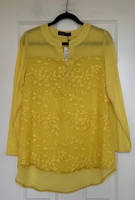 New Zanzea Yellow Blouse Women L  1/4 Button Sheer Embroidery Floral Overlay