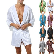 Men Hooded Loose Satin Silk Bathrobe Pajamas Sleepwear Gown Bath Robe Nightwear