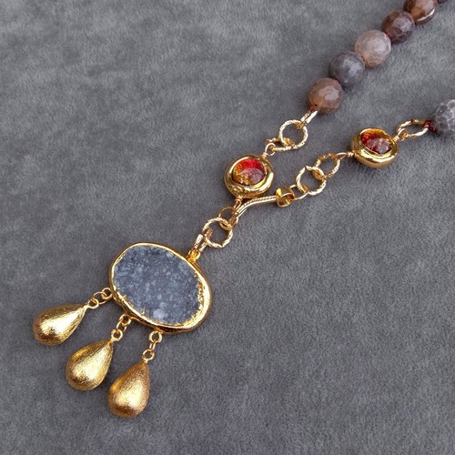Faceted Brown Agate Murano Glass Necklace Quartz Druzy Oval Shape Pendant 22" - Picture 6 of 6