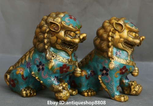 China Cloisonne Enamel Bronze Fengshui Foo Fu Dog Guardion Door Lion Pair Bixie - Picture 4 of 12