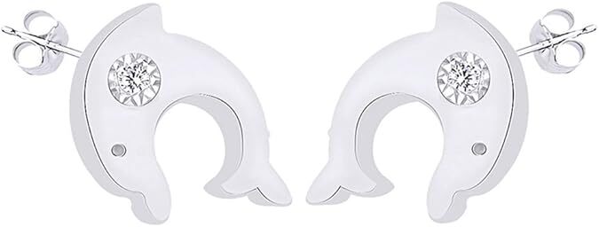 White CZ Round Fish Stud Earrings in 925 Sterling Silver for Women-image