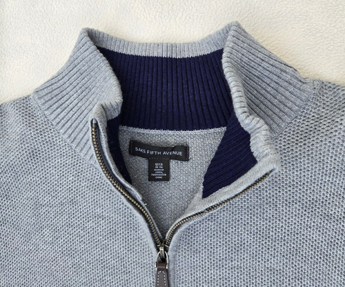 Saks Fifth Avenue 1/4 Zip Pullover Sweater Herren Gr. XL Neu mit Etikett grau Waffelstrick - Bild 4 von 8