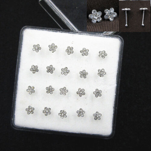 Lots 20 Pcs 925 Solid Silver Clear Crystal Flower Straight Bar Rod Pin Nose Stud - Picture 1 of 3